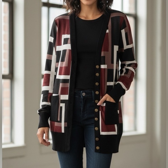 3/25$ (Mix)Lily by Firmiana Black Tan Geometric Snap Button Cardigan, S - Picture 1 of 14